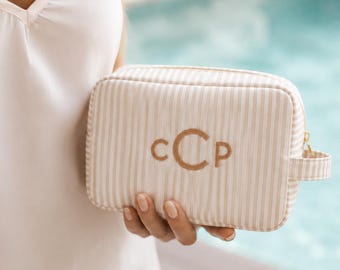Personalized Makeup Bag, Cotton Seersucker Toiletry Bag, Embroidered Cosmetic Bag, Monogram Travel Case, Bridesmaid Gift for Women