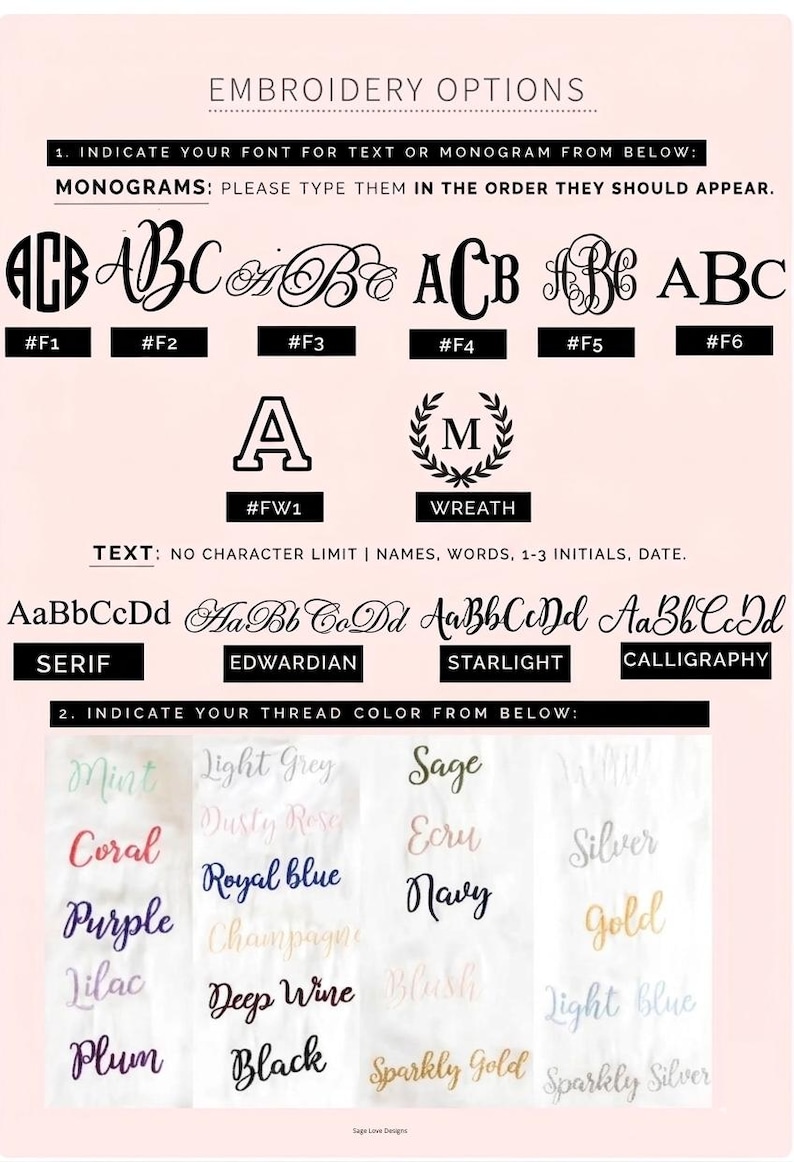 May include: Image showing embroidery options, including various fonts and thread colors. Font styles include serif, script, and monogram options. Thread colors range from mint and coral to gold and black. Text indicates no character limit for names, words, initials, or dates.