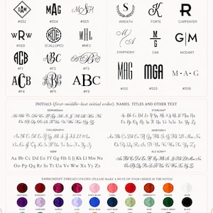 May include: An embroidery options chart displaying various monogram styles, initial designs, and font choices including Edwardian, Starlight, Calligraphy, Monterey, Serif, and ALS Script. A color palette of 36 thread options is shown at the bottom.