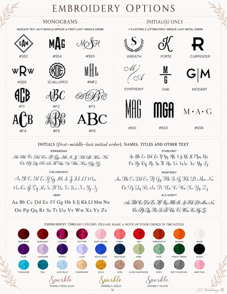 May include: An embroidery options chart displaying various monogram styles, initial designs, and font choices including Edwardian, Starlight, Calligraphy, Monterey, Serif, and ALS Script. A color palette of 36 thread options is shown at the bottom.