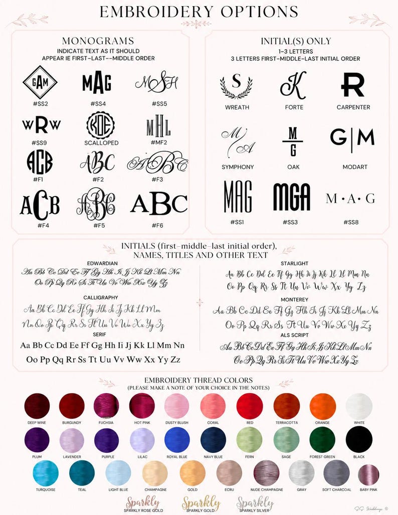 May include: A white chart displaying embroidery options including various monogram styles, initial designs, and font choices like Edwardian, Starlight, Calligraphy, Monterey, Serif, and Als Script. Below are circular swatches of embroidery thread colors.