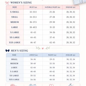 May include: A pajama size chart featuring two tables for sizing. The top table lists bust, natural waist, and inseam measurements in inches for sizes X-Small to XXX-Large. The bottom table lists chest, waist, and inseam measurements in inches.