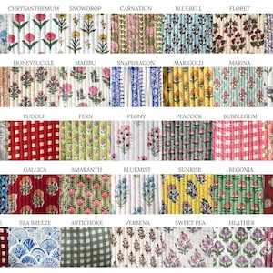 May include: A collection of floral fabric swatches, each with a unique pattern and name. The swatches feature various flowers like tulips, chrysanthemums, and peonies, in a range of colors including blue, pink, yellow, and green. The names of the flowers are printed above each swatch.