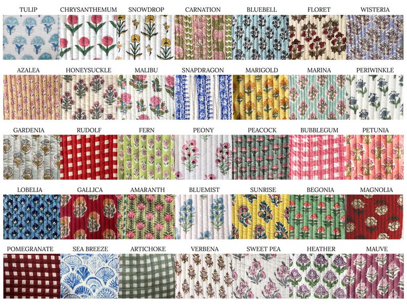 May include: A collection of floral fabric swatches, each with a unique pattern and name. The swatches feature various flowers like tulips, chrysanthemums, and peonies, in a range of colors including blue, pink, yellow, and green. The names of the flowers are printed above each swatch.