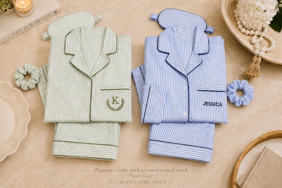 100% Cotton Seersucker Pajamas Set with Scrunchie and Mask, Personalized PJs, Matching Couple Pajamas, Bride Pajamas, Bridesmaid Pajamas