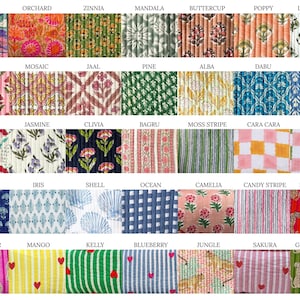 May include: A collection of patterned fabric swatches, each with a unique design and color scheme. The swatches include floral, geometric, and striped patterns in various colors, such as pink, blue, green, and orange. The names of the patterns are displayed above each swatch.