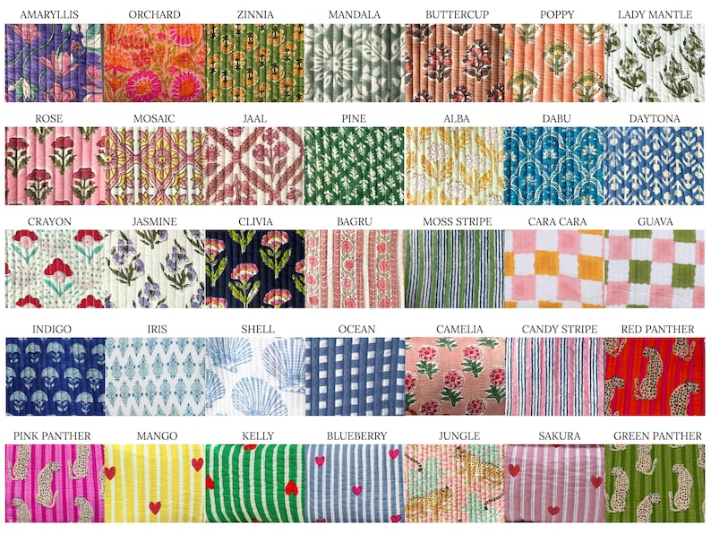 May include: A collection of patterned fabric swatches, each with a unique design and color scheme. The swatches include floral, geometric, and striped patterns in various colors, such as pink, blue, green, and orange. The names of the patterns are displayed above each swatch.