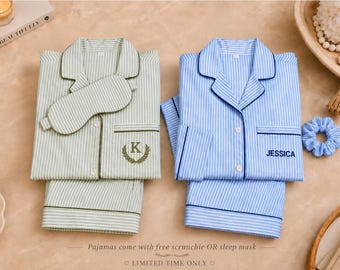 Ensemble pyjama 100 % coton seersucker avec chouchou ou masque de sommeil, pyjamas personnalisés, pyjamas assortis pour couples, pyjamas pour la mariée, pyjamas pour les demoiselles d'honneur