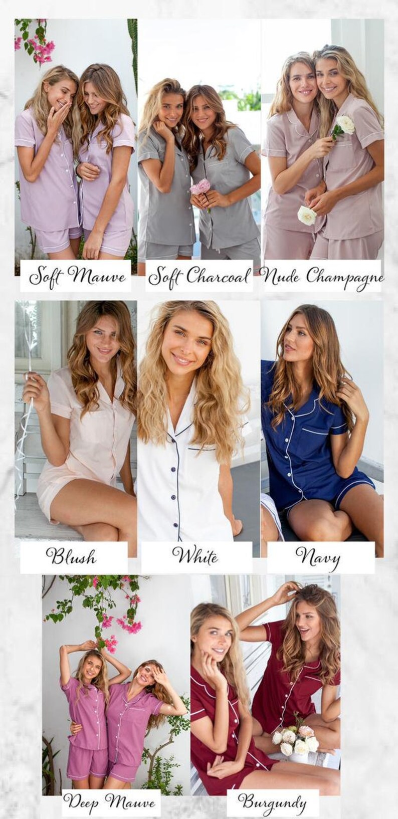 Op de afbeelding: Zes verschillende kleurvariaties van bijpassende damespyjama's. De pyjama's zijn een kort mouw overhemd met knopen en een bijpassende broek. De kleuren zijn zacht mauve, zacht antraciet, nude champagne, blush, wit, marine, diep mauve en bordeaux.