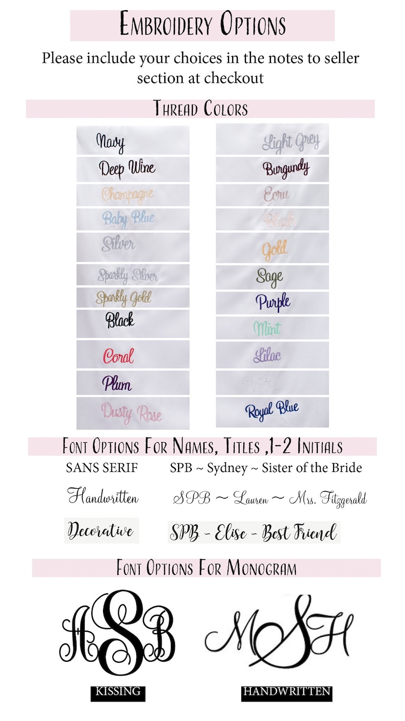 May include: A chart with embroidery options for names, titles, and initials. The chart includes thread colour options, font options for names and titles, and font options for monograms. The font options include handwritten, kissing, and decorative styles.