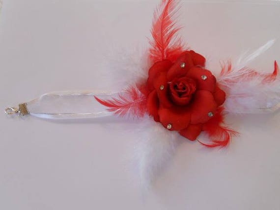Parure Fleur Rouge Et Plume Blanche Et Rouge De Mariage