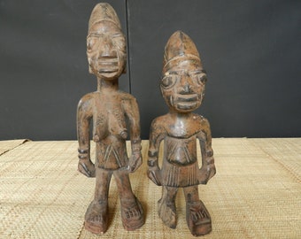 Original  Ere Ibeji Yoruba in wood, Pair of Twin Figures Doll, Nigeria Shaki Oyo, African Statues, Sculpture, African Art, 32 Cm - 12.60 "