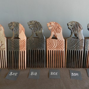 May include: Six wooden combs with lion head handles. The combs are in different shades of brown and black. The combs are labeled with the letters BEH, BXE, BIZ, BEE, BOM, and BDE.