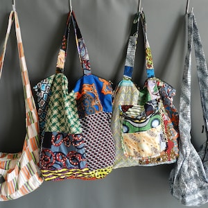 Sac de plage cabas en tissu patchwork wax Africain, sac de course four tout, sac bandoulière tissu wax, sac besace vélo, sport sac de marche