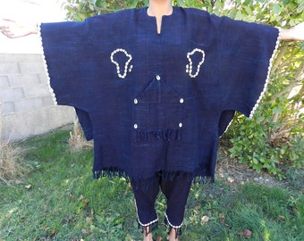 Ensemble tunique Pantalon large tissu de boue bogolan indigo noir, traditionnel caftan large unisexe Africain ample, pantalon cauris bogolan