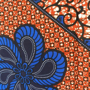 African wax fabric Ankara flower, blue, orange, ocher, red, African loincloth wax fabric, printed cotton fabric, YARD or WHOSALE, Flower-bleue-Fleur