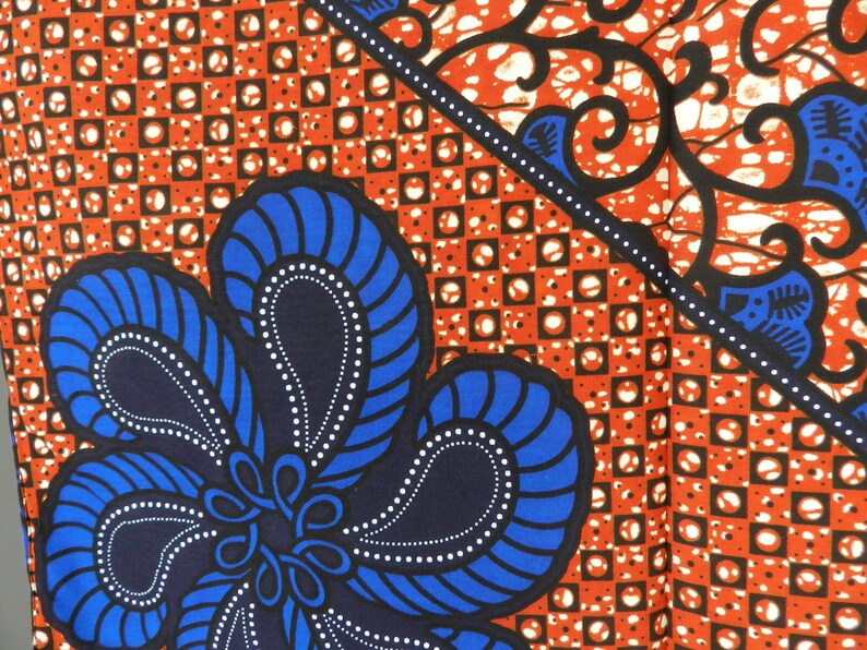 African wax fabric Ankara flower, blue, orange, ocher, red, African loincloth wax fabric, printed cotton fabric, YARD or WHOSALE, Flower-bleue-Fleur
