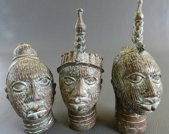 Tête couronnée Bronze Ife Edo Nigeria Yoruba 18cm, Oba Oni Olokun, antic tête Commémorative Benin City, Royal Art Africain, Lamaisonrafacia.
