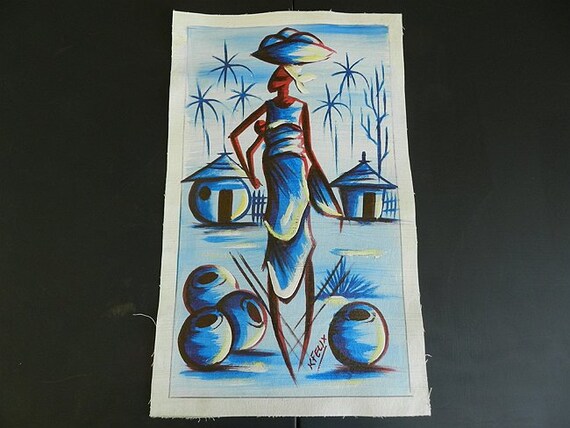 Femme Africaine Bleue Peinture A L Huile Sur Toile Avec Etsy France