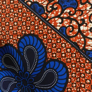 African wax fabric Ankara flower, blue, orange, ocher, red, African loincloth wax fabric, printed cotton fabric, YARD or WHOSALE, image 9