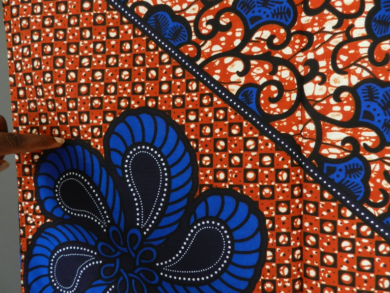 African wax fabric Ankara flower, blue, orange, ocher, red, African loincloth wax fabric, printed cotton fabric, YARD or WHOSALE, image 9