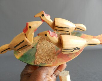Rooster and Hen Puppet Wood Sculpture, Wooden Child Toy, Child Play Puppet, Savannah Animals Crafts Africa, La Maison Rafacia