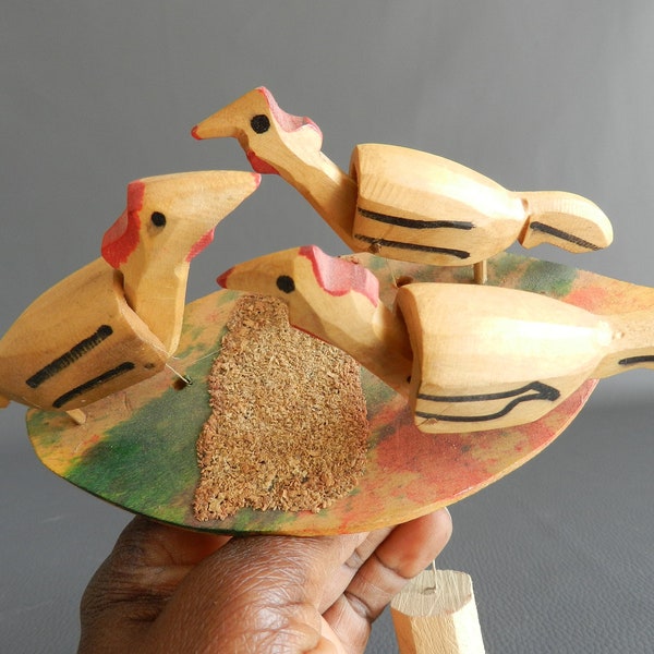 Marionnette coq et poule  sculpture bois, jouet enfant en bois, marionnette jeux enfant, animaux savane artisanat Afrique, La Maison Rafacia