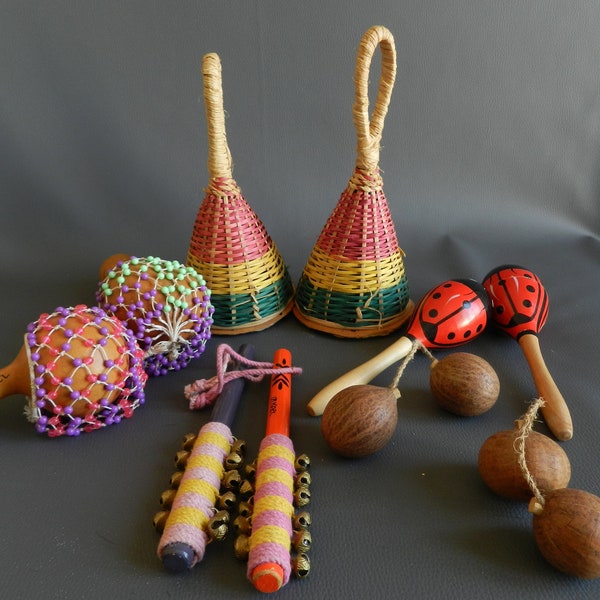 Maracas lot Traditional African musical instrument, Castanets music, calabash percussion, gourd rattle, lot for sale bronze bell