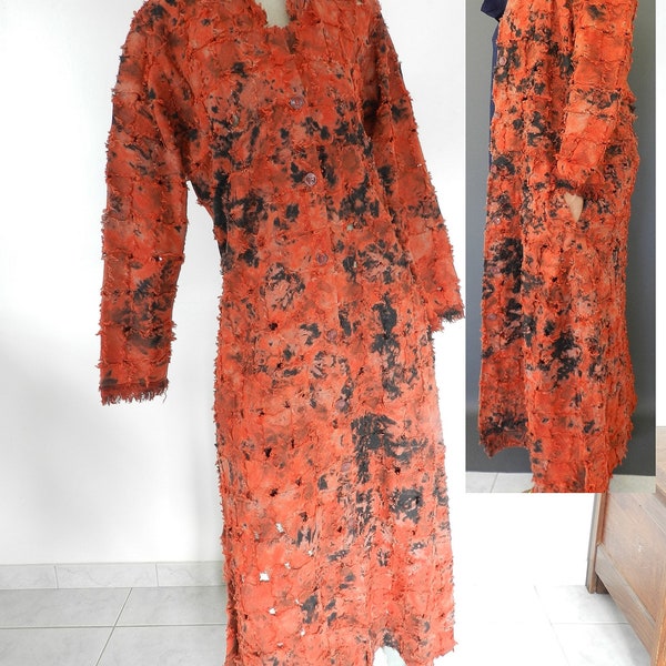 Manteau de luxe en lin vert orange teinté taille M XL, élégant manteau  Italie poche interne, robe manteau tie and dye en lin façonné.