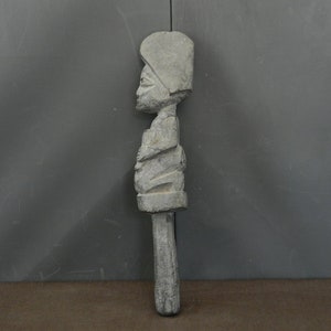 Black Shango stick Oshe wooden altar figure, kneeling man Yoruba with hat on head, Ose Ritual, carved orisa, 32 cm 12.60 inch