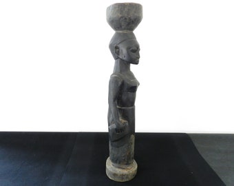 Statue Femme Peulh Berbère Africaine noire en bois bassine sur la tête 51 cm