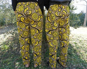 Pantalón unisex de tela encerada africana, pantalón africano suelto para hombre y mujer, cintura elástica e hilo de encaje, taparrabos encerado amarillo y azul