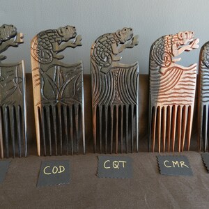 May include: Five wooden combs with carved lizard designs. The combs are in different shades of brown, black, and blue. The combs are labeled with the abbreviations CDA, COD, CQT, CMR, and BHa.