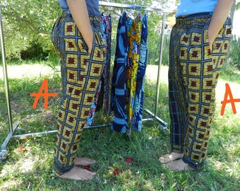 Pantalones unisex con estampado de cera africana, pantalones africanos holgados para hombres y mujeres, cintura elástica y cordón, tela con estampado de cera amarilla y azul.