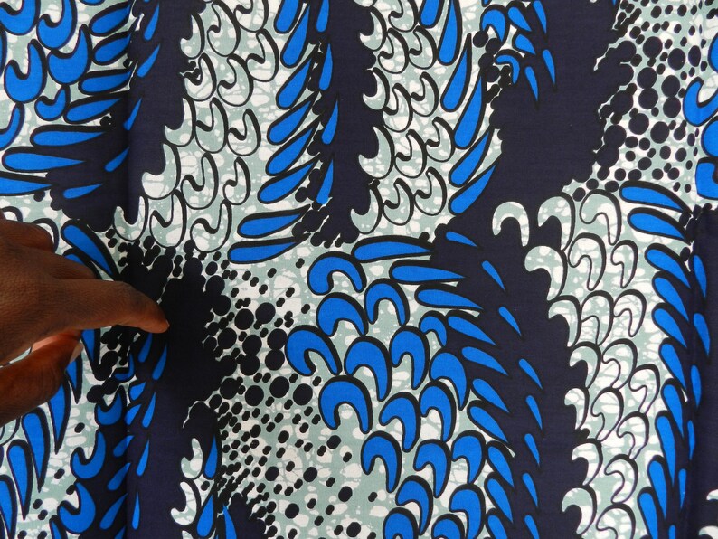 African wax fabric Ankara flower, blue, orange, ocher, red, African loincloth wax fabric, printed cotton fabric, YARD or WHOSALE, Bleue-Black