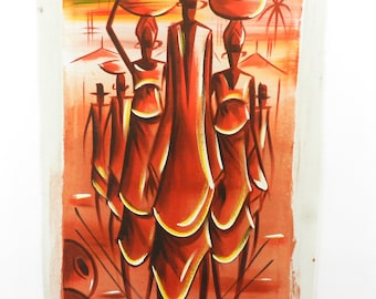 Brown painting woman child with African back, return from the market, canvas canvas oil pan on head, canvas oil, 39.37 inch by 22.44 inch