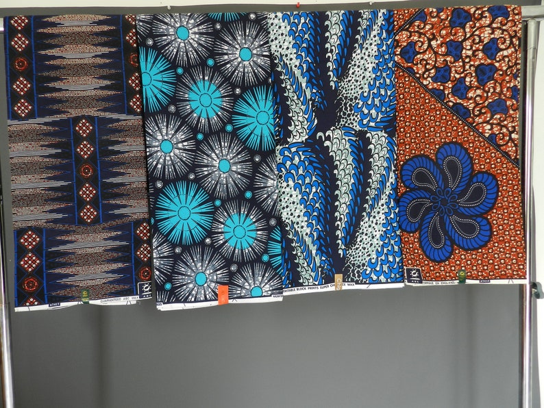 African wax fabric Ankara flower, blue, orange, ocher, red, African loincloth wax fabric, printed cotton fabric, YARD or WHOSALE, image 1