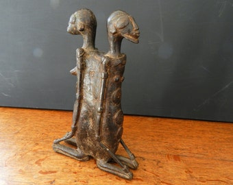 Antic Bronze Authentic Dogon couple glued together from Mali African Art, Dogon Siamese with Lost Wax, Height 24 cm 9.45 inch