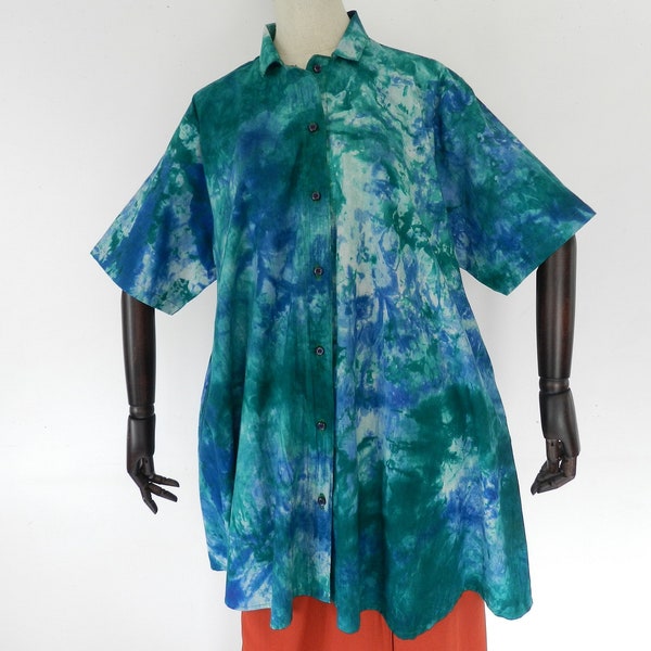 Tunique chemise ample taille unique S à XXL verte tie and dye, robe manches mi-longue poches tissu Africain, robe chemise ouverte à boutons