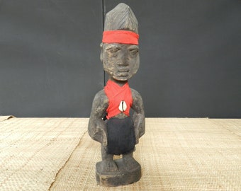 Ibeji Orisha Fetish, Male Figure Sculpture, Vodou Formal Wear, Red Black and White, Wood Statue, African Art, 28 cm 11.02 inch.