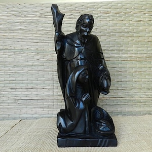 Great Nativity, Holy Family in black solid wood, crib Joseph Mary child Jesus, carved in one piece, Benin, high 34 cm- 13.4 &quot;
