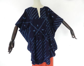 Caftan loose summer tunic tie and dye one size S to XL, Asymmetrical indigo loose tunic African fabric, La Maison Rafacia