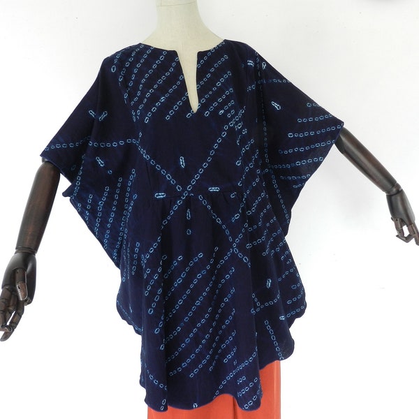 Caftan tunique d'été ample tie and dye taille unique S à XL, Tunique ample indigo asymétrique tissu Africain, La Maison Rafacia