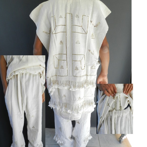 Bogolan mudcloth tunic set and embroidered metal, Dogon Mali hunter tunic, traditional Dashiki fabric, Burkina mudcloth shirt