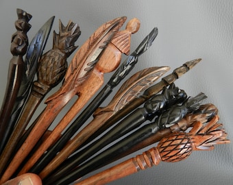 Sculpture black exotic wood hair pick, pineapple hair pick African case, feather wooden hair pick, natural hair pick hair accessory