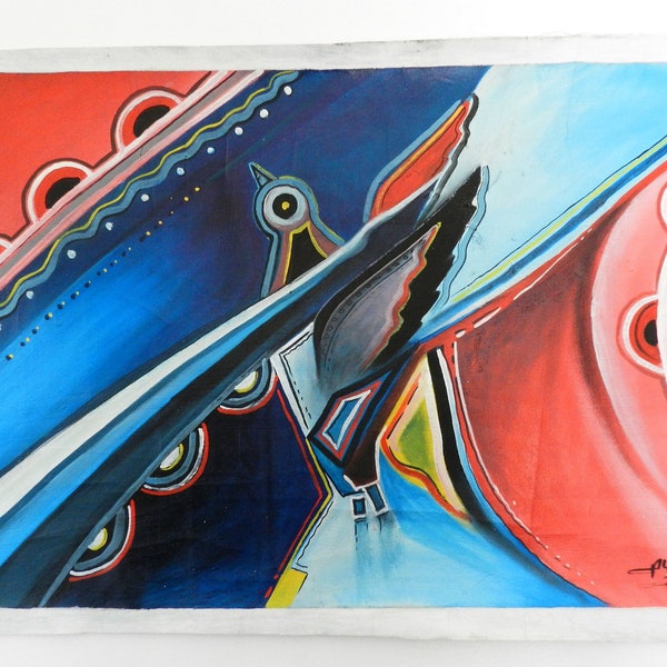 Bleu rouge sein nu oiseau pied d'homme, tableau peinture toile à l'huile, abstrait contemporain, tableau mural, 28.74 inch sur 20.47 inch