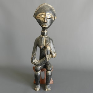 Ashanti Doll, Mother of Fertility and Child, Black Gray Polychrome Wood, African Art, Ghana, High 39 cm 15.35, Vintage Home Decor