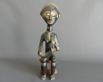 Poupée Ashanti, Mère de fécondité et l'enfant, en bois polychrome gris noir, Art Africain, Ghana, 39  cm 15.35 inch, décoration vintage