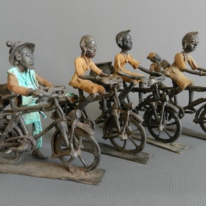 Cyclist Bronze Artisanal Sculpture Oxidized Patina, 6.69", Elegant Female Cyclist, African Women, Burkina Bronze Art, Luxe Natural Home Deco