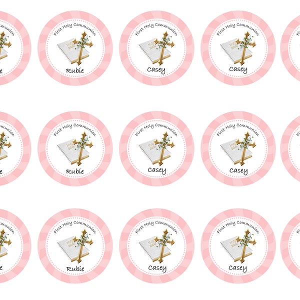 Pink First holy communion Cupcake Icing Wafer card or Wafer Toppers decoration